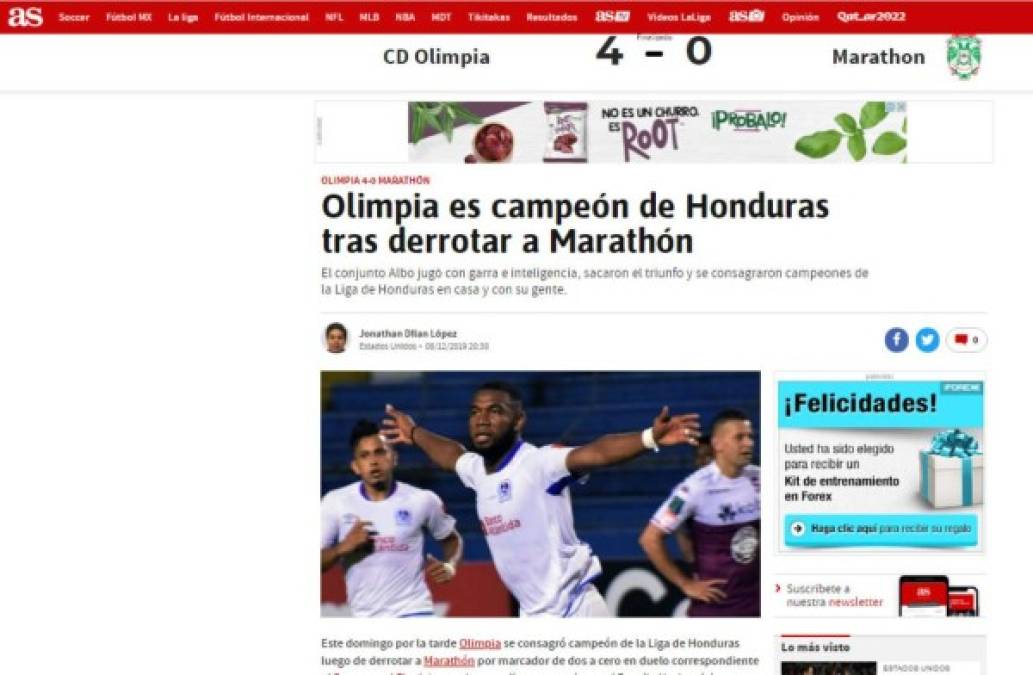 Diario As de España - 'Olimpia es campeón de Honduras tras derrotar a Marathón'. 'El conjunto Albo jugó con garra e inteligencia, sacaron el triunfo y se consagraron campeones de la Liga de Honduras en casa y con su gente'.