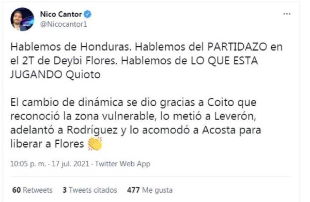 El periodista Nicolás Cantor destacó a Deybi Flores y Romell Quioto.
