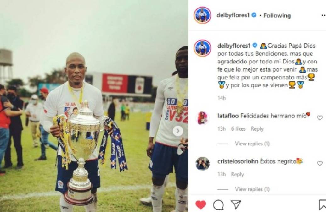 Deybi Flores: El volante del Olimpia presumió en sus redes sociales la conquista del bicampeonato.