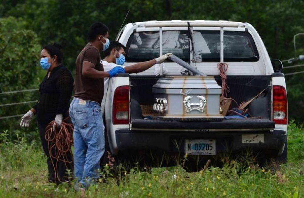 Familiares ven por última vez a su pariente fallecido. Este caso puede tratarse de una persona que NO murió por COVID-19, ya que el cajón no fue forrado. El entierro fue en el cementerio Jardín de Los Ángeles, a 14 kilómetros de Tegucigalpa.