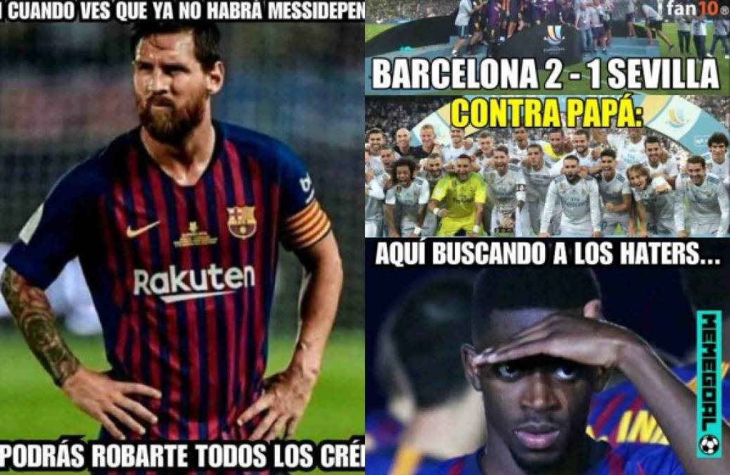 - El Barcelona se proclamó este domingo en la ciudad marroquí de Tánger campeón de la Supercopa de España de fútbol al ganar con remontada al Sevilla por 1-2 gracias a un tanto del francés Ousmane Dembélé a doce minutos del final. Los memes no podían faltar.