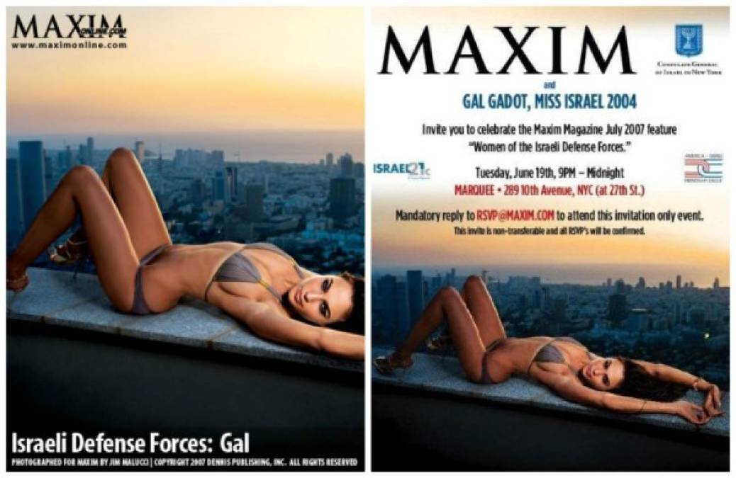 Luego, causó controversia cuando posó para un artículo de la revista para caballeros Maxim titulado como 'Las mujeres de las fuerzas armadas israelíes' en 2007. <br/>La foto de Gal estaba en la invitación a la fiesta de presentación del controvertido número.
