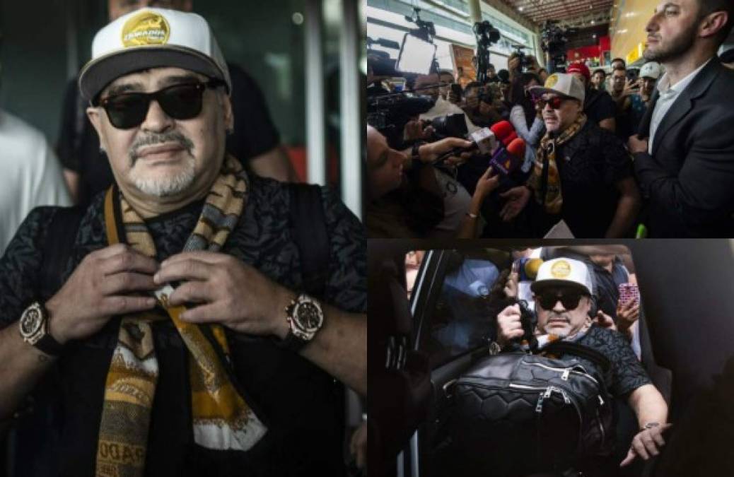 El argentino Diego Armando Maradona llegó este sábado de buen ánimo a la Ciudad de México, su primera escala en el país, donde dirigirá a partir del próximo lunes a los Dorados de Sinaloa. FOTOS AFP Y DORADOS DE SINALOA.<br/>