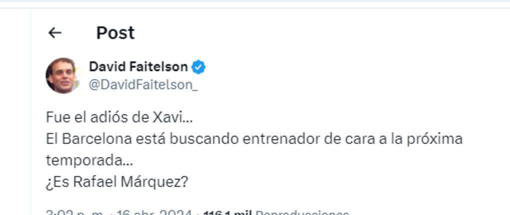 Faitelson dejó un mensaje en sus redes sociales en donde coloca a Rafa Márquez como un posible sustituto de Xavi.
