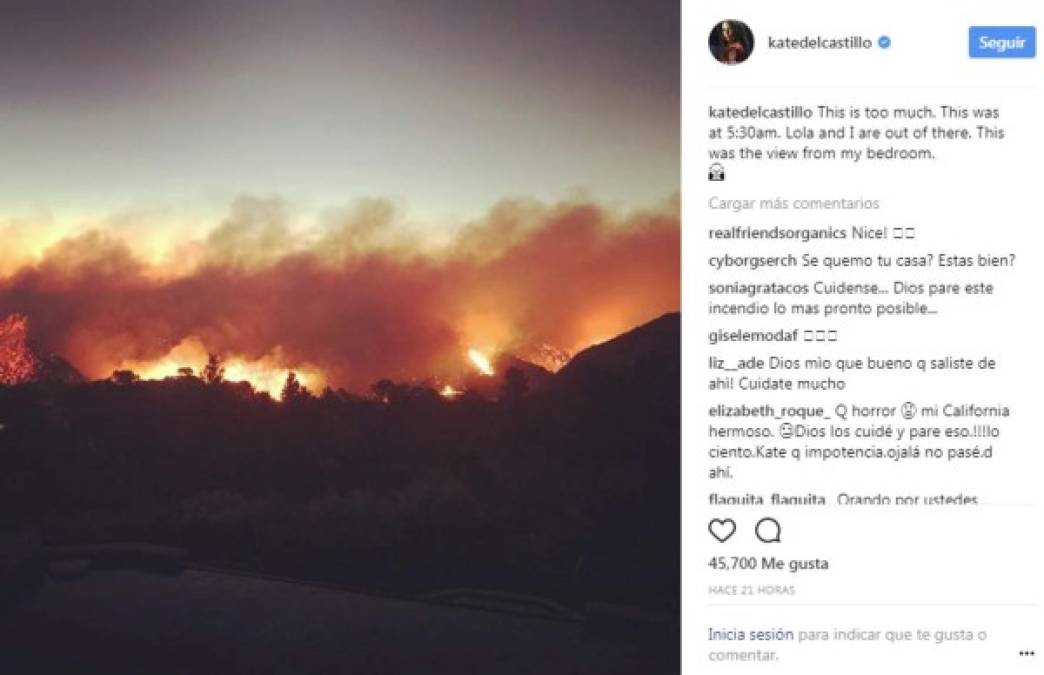 La actriz de origen mexicano, Kate del Castillo, fue una de las primeras en abandonar su mansión en Los Ángeles. 'Esto es demasiado. Así estaba a las 5:30 am. Lola y yo estamos fuera de allís. Esta era la vista de mi habitación', escribió Kate junto a esta imagen en su cuenta de Instagram.