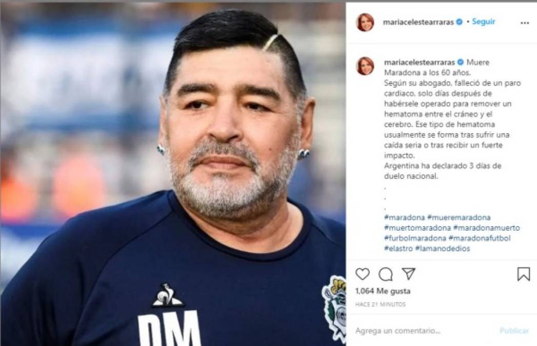 Este fue el post de la periodista sobre la muerte del famoso deportista argentino.