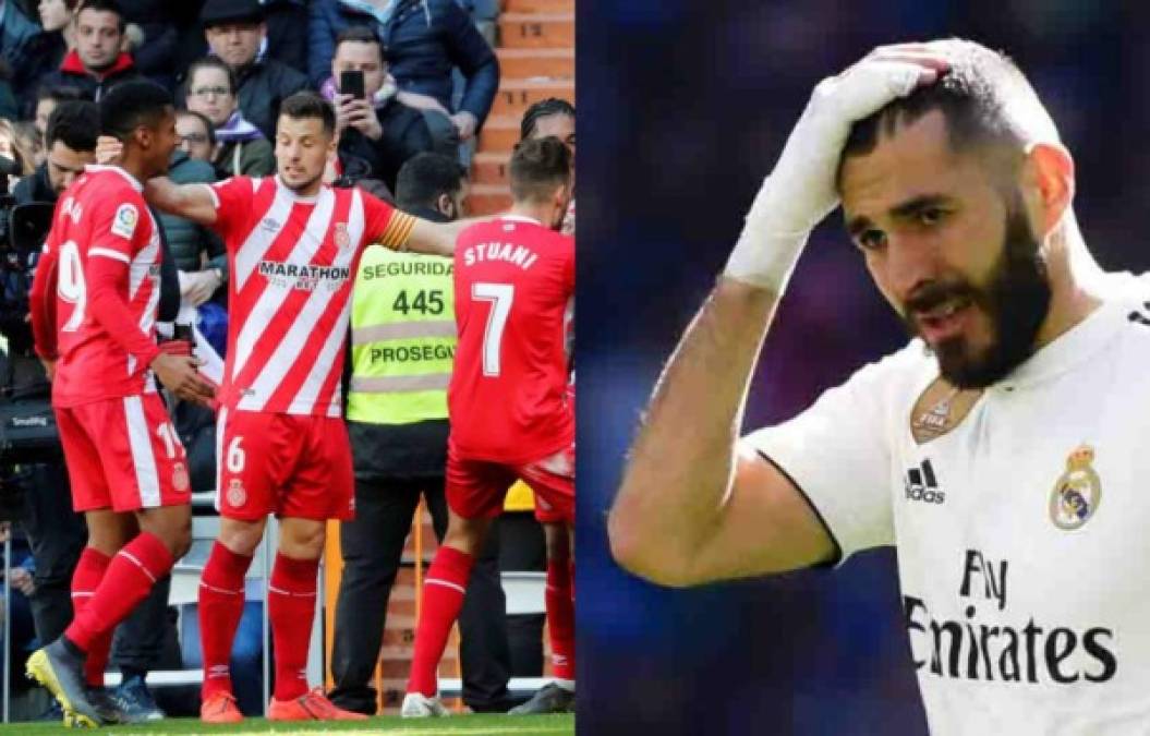 El Girona con el hondureño Antony Choco Lozano dio la sorpresa de la jornada en España al vencer este domingo 1-2 al Real Madrid. El catracho destacó en el Santiago Bernabéu. Fotos AFP Y EFE.