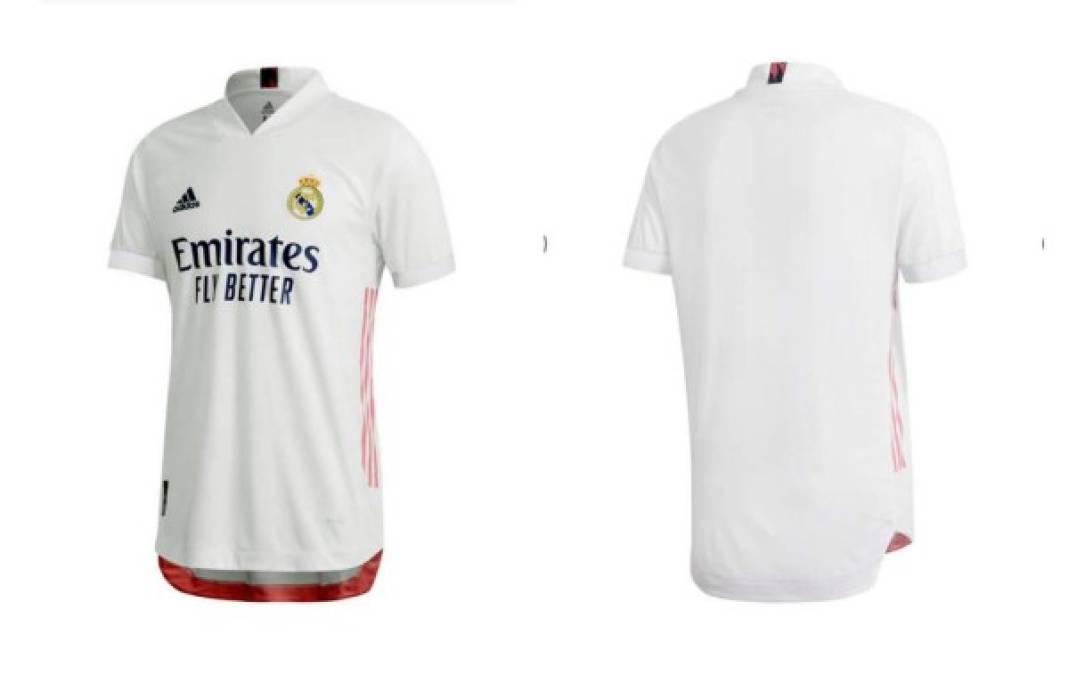 Esta es la camiseta de local del Real Madrid y el color rosa es protagonista, insertado en unas bandas laterales.