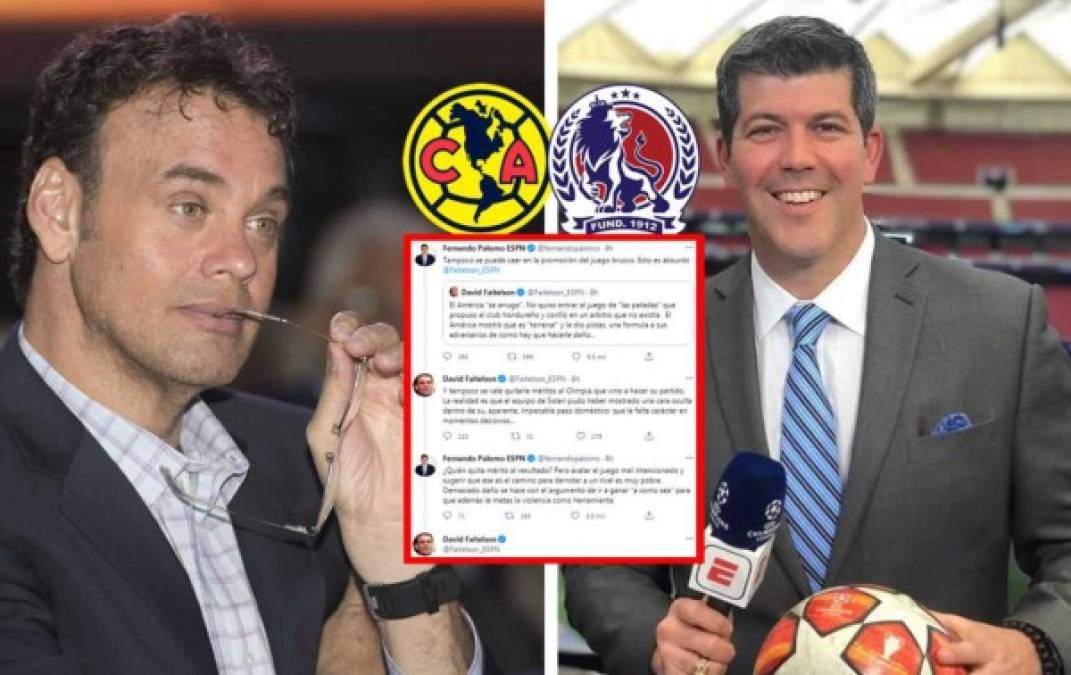 Los conocidos comentaristas de ESPN, David Faitelson y Fernando Palomo, protagonizaron una 'guerra verbal' en las redes sociales en la que el primero defendía el fútbol que presentó el Olimpia y criticaba la imagen del América, mientras que el salvadoreño recriminaba y al final se dijeron asuntos personales.