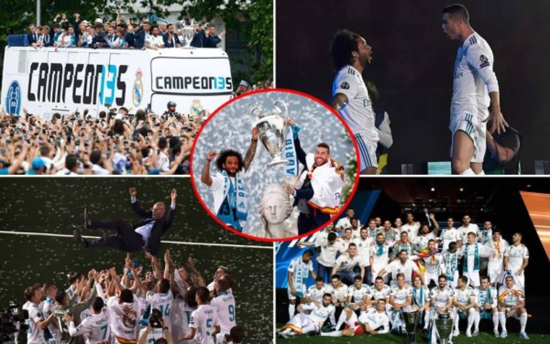 Los jugadores del Real Madrid festejaron la decimotercera Champions League con los aficionados merengues en la Plaza Cibeles y terminaron la fiesta en el estadio Santiago Bernabéu.