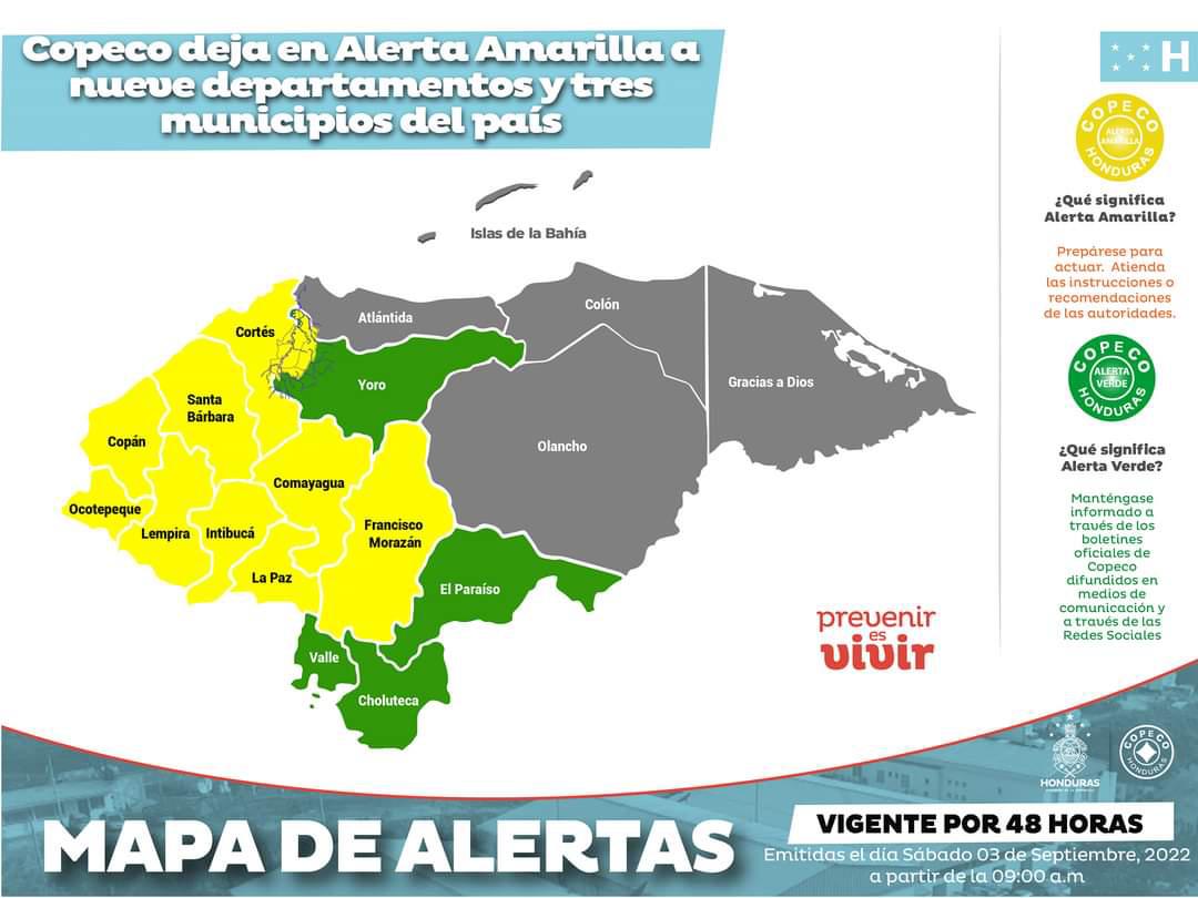 Copeco: alerta amarilla por 48 horas en nueve departamentos y tres municipios de Honduras