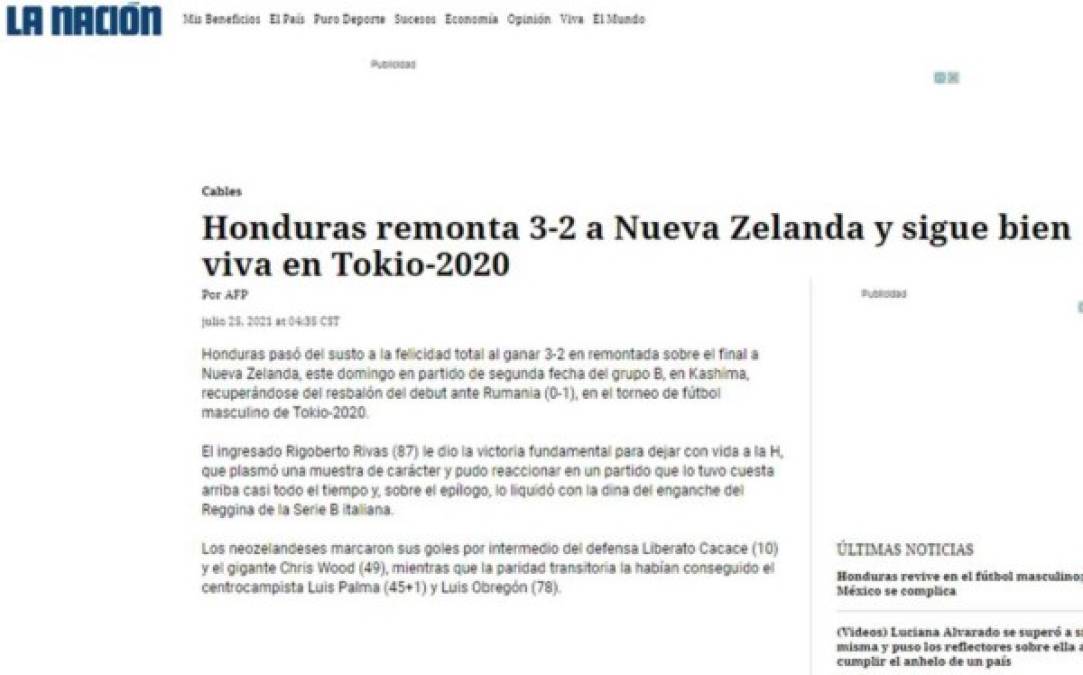 La Nación (Costa Rica) - “Honduras remonta 3-2 a Nueva Zelanda y sigue bien viva en Tokio-2020“.
