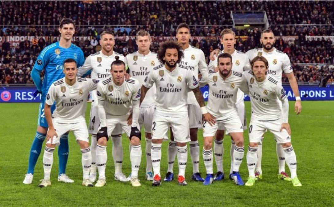 El 11 titular del Real Madrid en Roma: Thibaut Courtois, Dani Carvajal, Sergio Ramos, Raphael Varane, Marcelo, Lucas Vázquez, Marcos Llorente, Toni Kroos, Luka Modric, Gareth Bale y Karim Benzema.