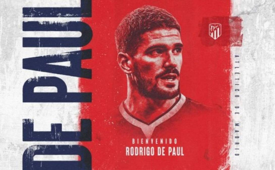 El Atlético de Madrid anunció el fichaje por las próximas cinco temporadas del centrocampista internacional argentino Rodrigo de Paul, reciente campeón de la Copa América y procedente del Udinese, para reforzar el medio campo del conjunto rojiblanco, tras el acuerdo de traspaso entre ambos clubes. Foto Twitter Atlético de Madrid.