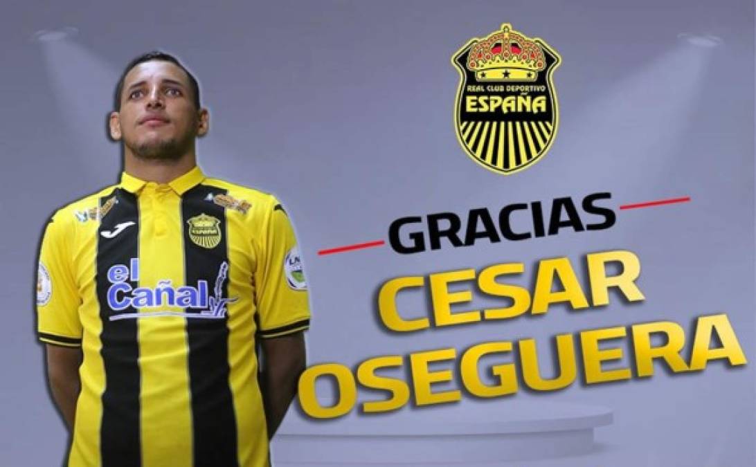 El Real España ha empezado la planificación para el próximo Torneo Clausura 2019 y ya se ha anunciado la primera baja en la plantilla aurinegra. El club sampedrano ha anunciado que el lateral izquierdo César Oseguera no seguirá en el equipo el siguiente campeonato. Estuvo dos años en el Real España, en los cuales disputó cuatro torneos y ganó un título.