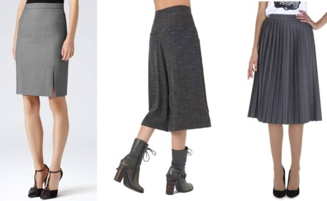 Cualquiera de estos tres diseños son 'fondo de clóset', así se les llama a las prendas comodín y básicas del armario:Falda tubo, pantalón y plisada.