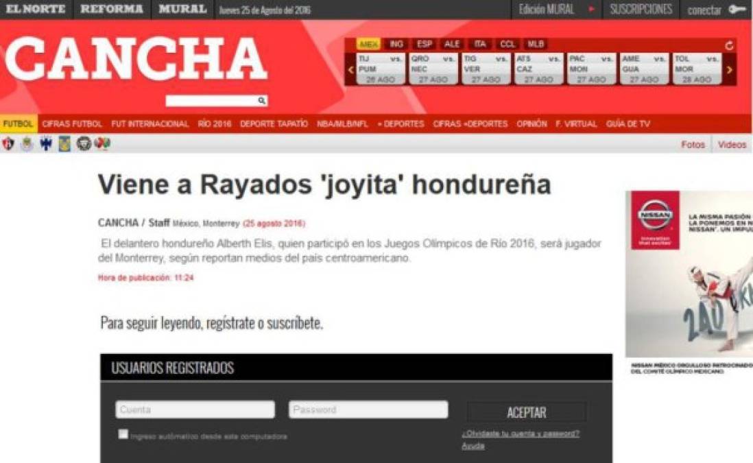 La sección deportiva Cancha del Grupo Reforma, dice en su titular: 'Viene a rayados joyita hondureña' y hace énfasis en el destacado papel que tuvo el delantero en los Juegos Olímpicos de Río.