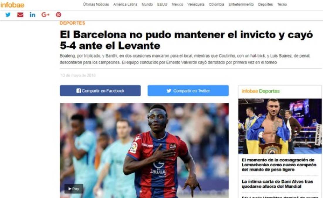 Infobae: 'El Barcelona no pudo mantener el invicto y cayó 5-4 ante el Levante'. 'El equipo conducido por Ernesto Valverde cayó derrotado por primera vez en el torneo'.<br/>