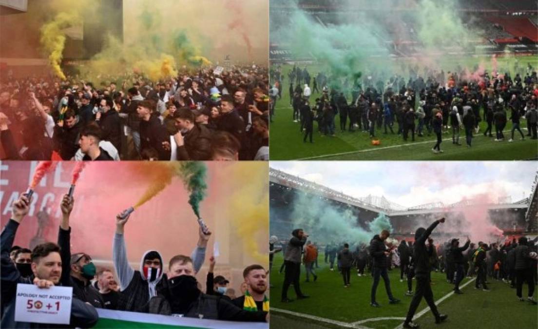 ¡Caos en Inglaterra! En la previa del partido frente al Liverpool, aficionados del Manchester United invadieron Old Trafford y realizaron una fuerte protesta. Fotos AFP.