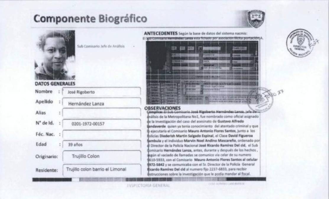 Ficha del subcomisario y jefe de análisis de la Policía José Rigoberto Hernández Lanza, señalado en el caso de la muerte de Alfredo Landaverde, según publicación de The New York Times atribuida a un informe de la Inspectoría General de la Policía de Honduras.