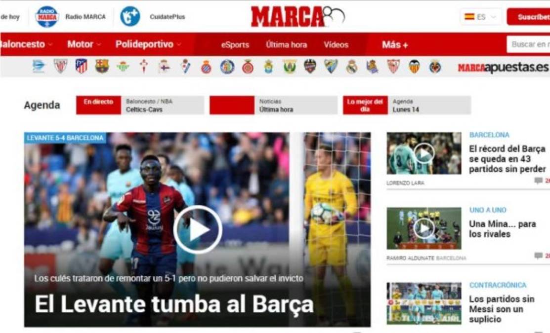 Diario Marca: 'El Levante tumba al Barça'. 'Los granotas acaban con el invicto Barça en un partido extraordinario'.