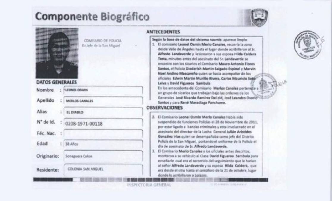 Ficha del comisario de Policía Leonel Osmin Merlos Canales, señalado en el caso de la muerte de Alfredo Landaverde, según publicación de The New York Times atribuida a un informe de la Inspectoría General de la Policía de Honduras.