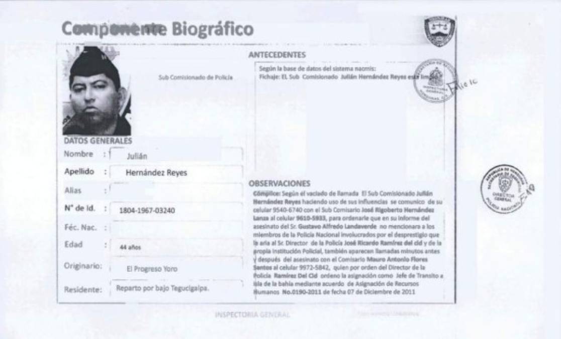 Ficha del subcomisionado de Policía Julián Hernández Reyes, señalado en el caso de la muerte de Alfredo Landaverde, según publicación de The New York Times atribuida a un informe de la Inspectoría General de la Policía de Honduras.