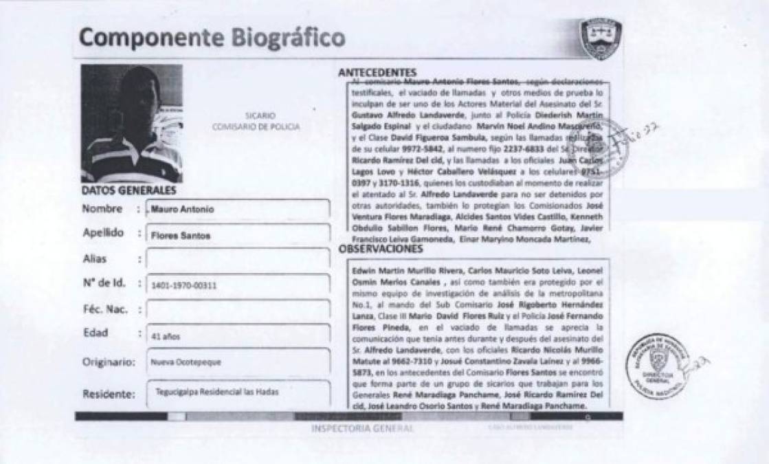 Ficha del comisario de Policía Mauro Antonio Flores Santos, señalado en el caso de la muerte de Alfredo Landaverde, según publicación de The New York Times atribuida a un informe de la Inspectoría General de la Policía de Honduras.