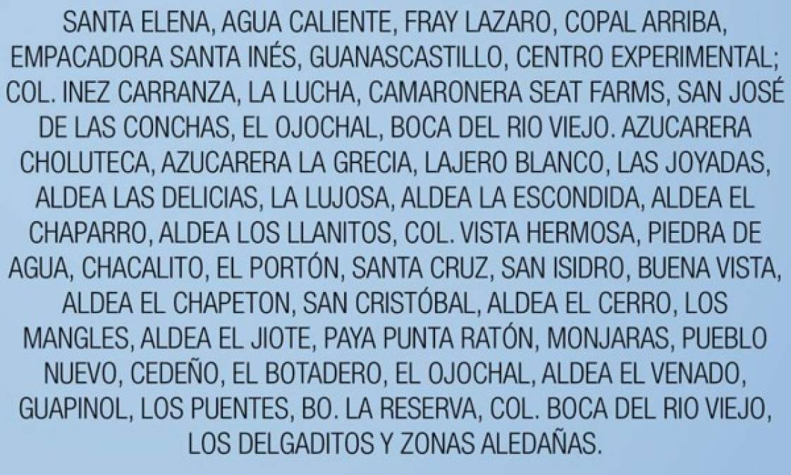 En Choluteca, la interrupción se producirá de 1:00 pm a 3:00 pm en: