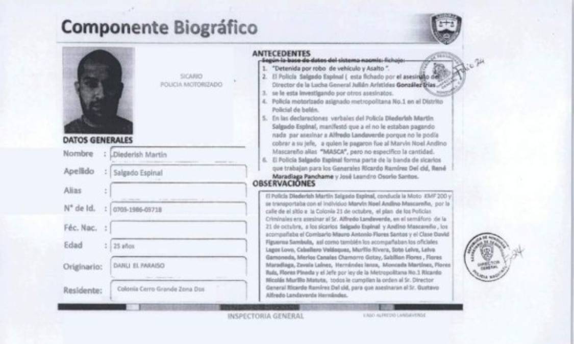 Ficha del policía motorizado Diederish Martín Salgado Espinal, señalado en los casos de las muertes de Alfredo Landaverde y Arístides González, según publicación de The New York Times atribuida a un informe de la Inspectoría General de la Policía de Honduras.