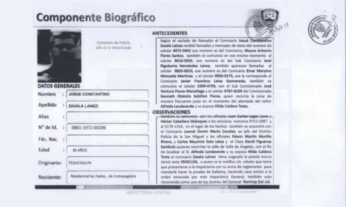 Ficha del comisario de la Policía Josué Constantino Zavala Laínez, señalado en el caso de la muerte de Alfredo Landaverde, según publicación de The New York Times atribuida a un informe de la Inspectoría General de la Policía de Honduras.