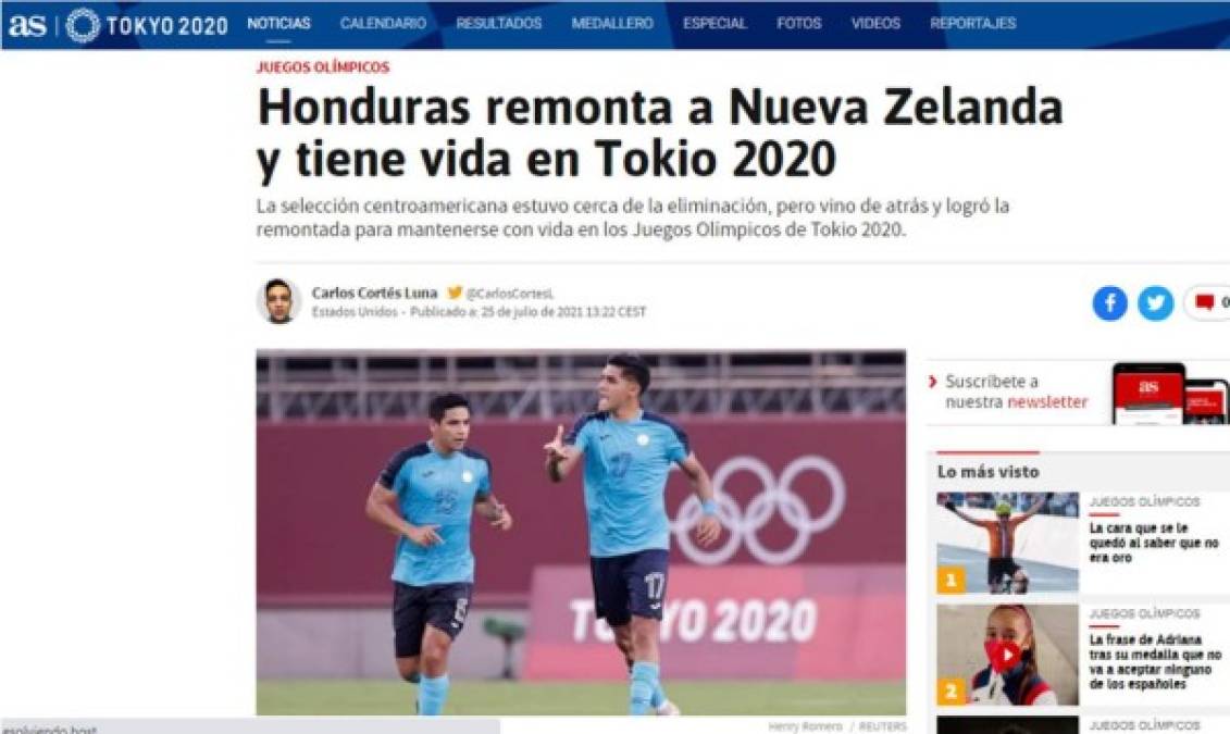 Diario As (España) - “Honduras remonta a Nueva Zelanda y tiene vida en Tokio 2020”.