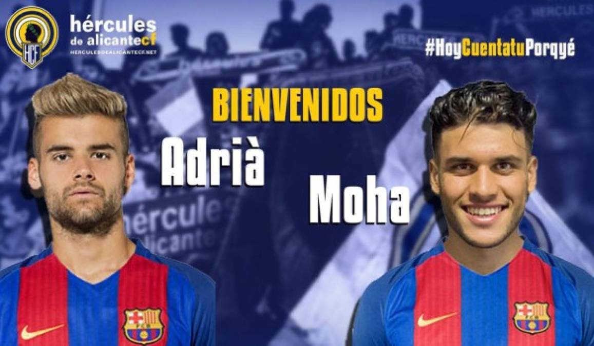 El Hércules CF, así como el FC Barcelona, han anunciado este viernes la cesión de dos futbolistas azulgranas al club alicantino. Adrià Vilanova y Moha jugarán a las órdenes del Hércules la temporada 2017-18.