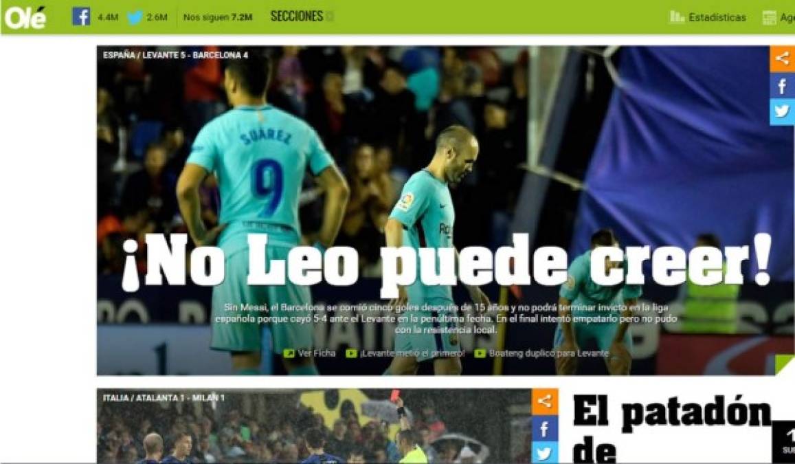 Diario Olé de Argentina: '¡No Leo puede creer!'. 'Sin Messi, el Barcelona se comió cinco goles después de 15 años y no podrá terminar invicto en la Liga española porque cayó 5-4 ante el Levante en la penúltima fecha. En el final intentó empatarlo pero no pudo con la resistencia local'.