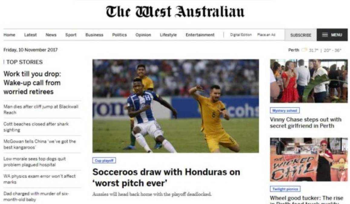 The West Australian: 'Socceroos empata con Honduras en la peor cancha de la historia'. 'Los australianos regresarán a casa con el desempate en punto muerto', agregan en su nota.