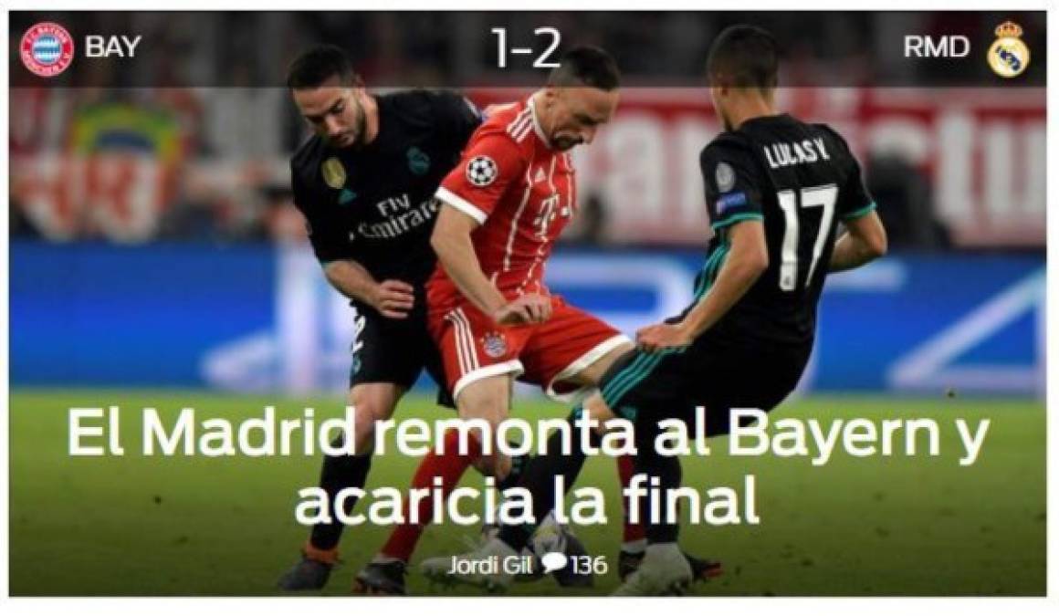 Diario Sport de España: 'El Madrid remonta al Bayern y acaricia la final'.