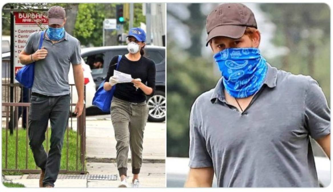 Harry y Meghan lucieron atuendos casuales aptos para la labor; mientras ella usaba una mascarilla común, Harry tapó la mitad de su rostro con una bandana azul, tal vez para asegurarse de cubrir bien su barba.