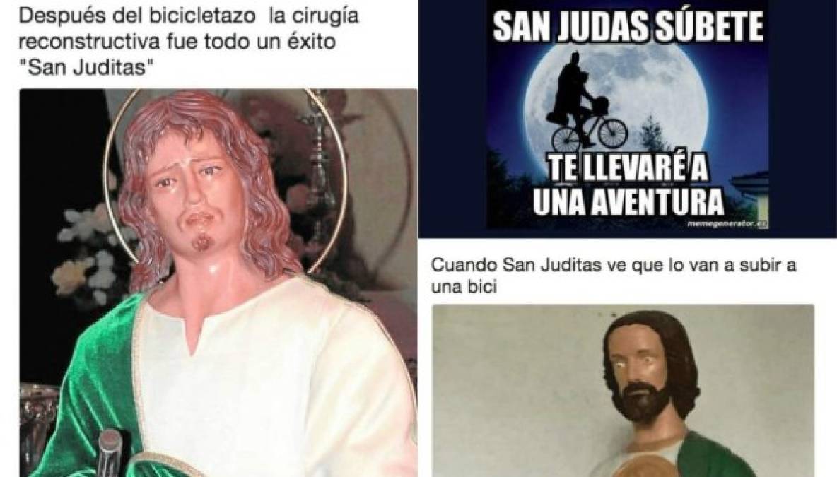 Las redes sociales no han perdonado ni siquiera a San Judas Tadeo, luego de que el ciclista que lo cargaba sobre su espalda, sufriera un penoso accidente. Luego de hacerse viral el video, los memes sobre el percanse del ciclista distraido no se han hecho esperar. Aquí los mejores memes...