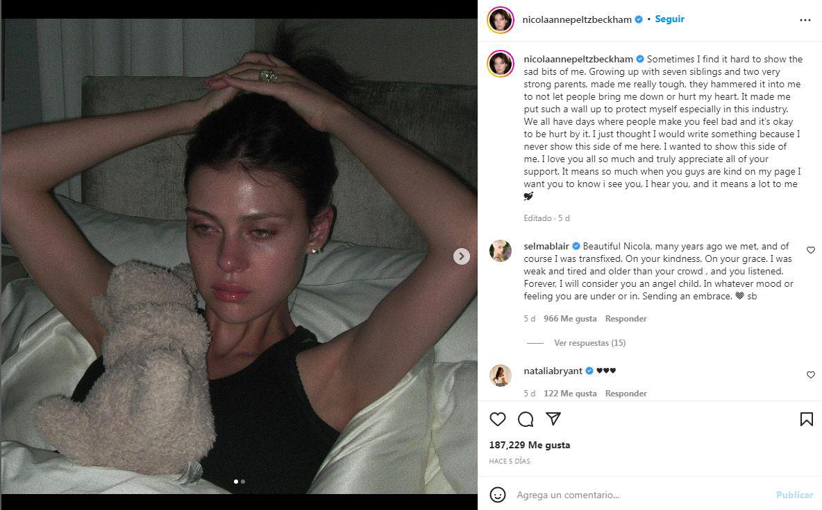 Hace unos días, Nicola compartió un extraño post en su cuenta de Instagram. “’A veces me cuesta mucho mostrar mi dolor. A veces es difícil manejar mi tristeza”.