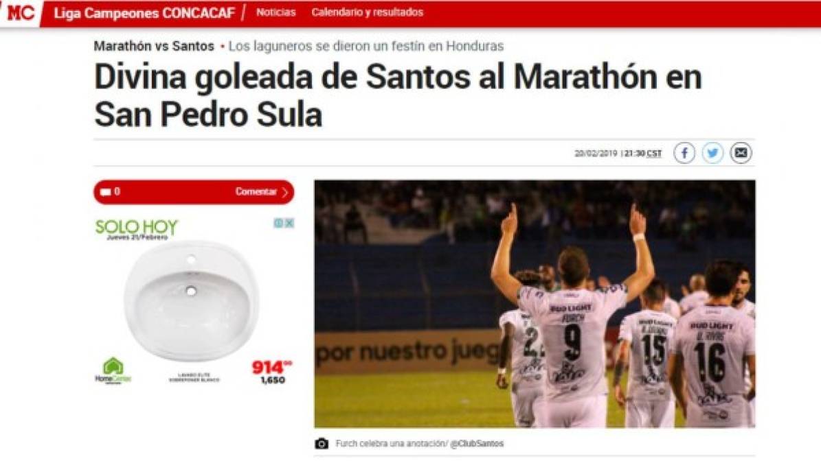 Diario Marca de España - 'Divina goleada de Santos al Marathón en San Pedro Sula'. 'Los laguneros se dieron un festín en Honduras'. 'Santos se iluminó en territorio hondureño con una victoria aplastante sobre el Marathón en el Estadio Olímpico Metropolitano, 2-6 marcador final'.