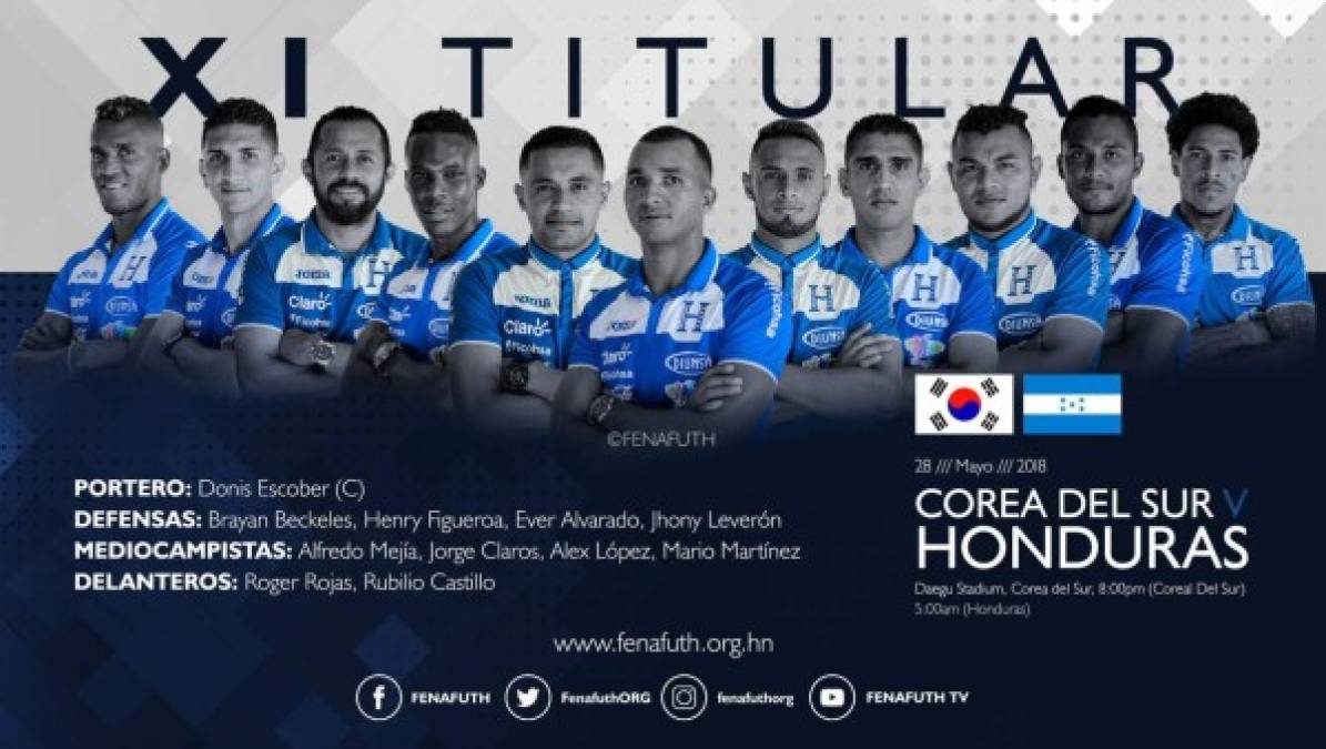 La Fenafuth anunció de esta manera la alineación titular que usará Honduras en el amistoso frente a Corea del Sur.