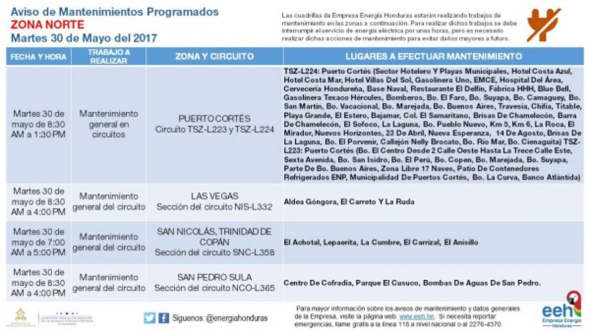 Este fue el comuniado que envió hoy la Empresa Energía Honduras (EEH) sobre el aviso de mantenimientos programados para este martes.