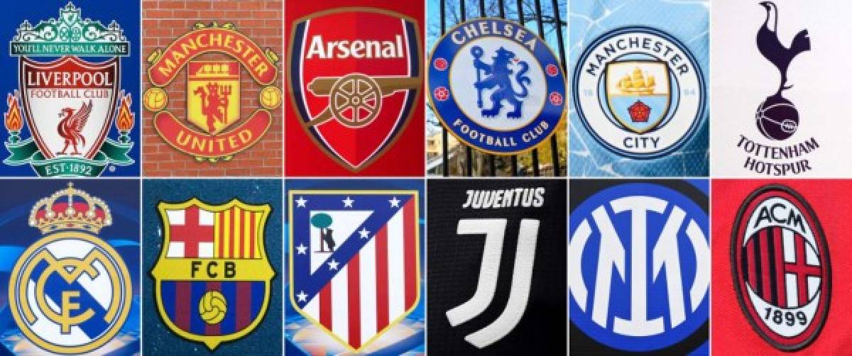 (COMBO) This combination of file pictures made on April 19, 2021, shows the logos of the following European football clubs: (top, L-R) Liverpool on May 30, 2019 in Madrid; Manchester United on July 5, 2013 in Manchester; Arsenal on March 2, 2019 in London; Chelsea on March 13, 2020 in London; Manchester City on April 10, 2021 in Manchester; Tottenham Hotspur on March 2, 2019 in London; (bottom, L-R) Real Madrid on May 20, 2014 in Lisbon; Barcelona on September 28, 2016 in Moenchengladbach; Atletico Madrid on May 20, 2014 in Lisbon; Juventus on May 26, 2019 in Genoa; Inter Milan on April 7, 2021 in Milan; and AC Milan on September 10, 2006 in Milan. - Plans for a breakaway Super League announced by twelve of European football's most powerful clubs plunged European football into an unprecedented crisis on April 19, 2021, with threats of legal action and possible bans for players, as the UEFA president called it a 'spit in the face' for supporters. Six Premier League teams -- Liverpool, Manchester United, Arsenal, Chelsea, Manchester City and Tottenham Hotspur -- joined forces with Spanish giants Real Madrid, Barcelona and Atletico Madrid and Italian trio Juventus, Inter Milan and AC Milan to launch the planned competition. (Photo by AFP)