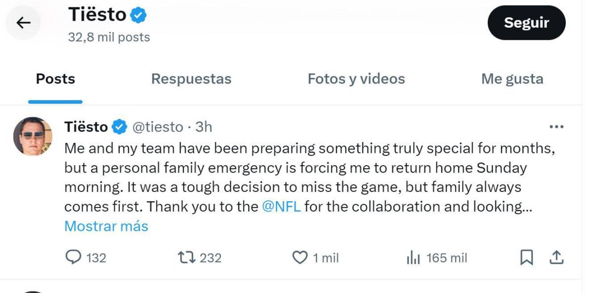 Tiësto compartió el mensaje en su cuenta de X.