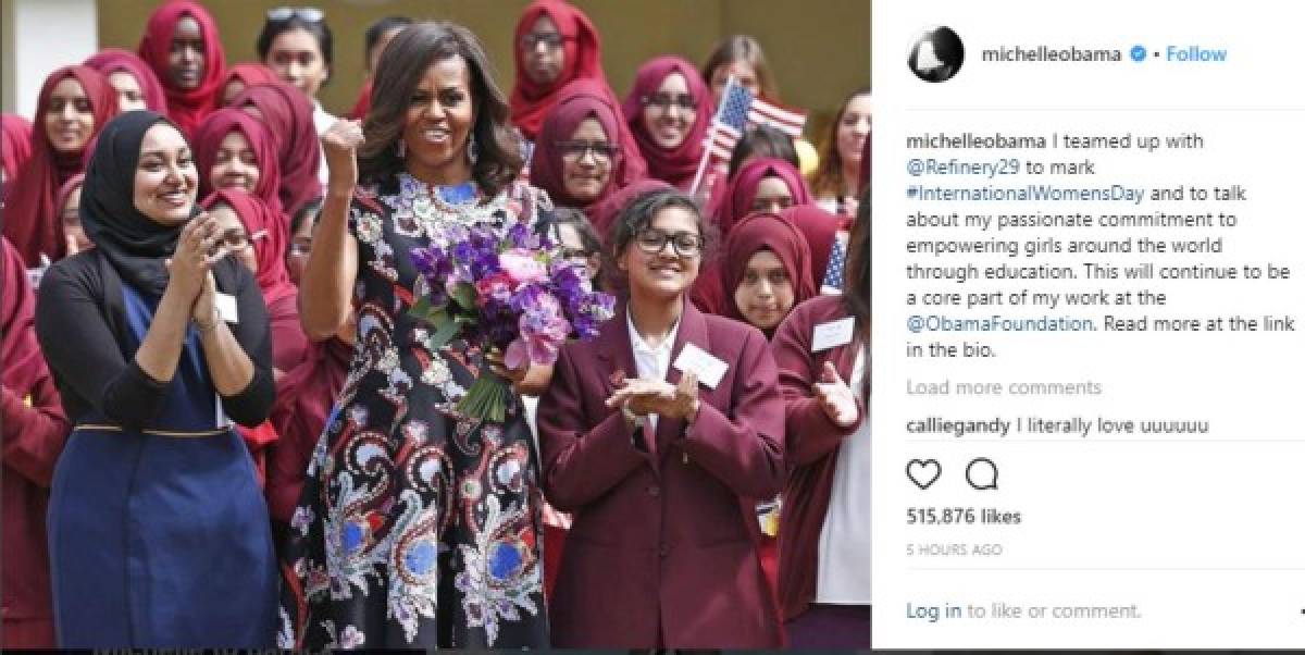 Me uní a @Refinery29 para marcar #InternationalWomensDay y para hablar sobre mi compromiso apasionado de empoderar a las niñas de todo el mundo a través de la educación. Esto continuará siendo una parte central de mi trabajo en @ObamaFoundation, escribió Michelle Obama, ex primera dama de EEUU.