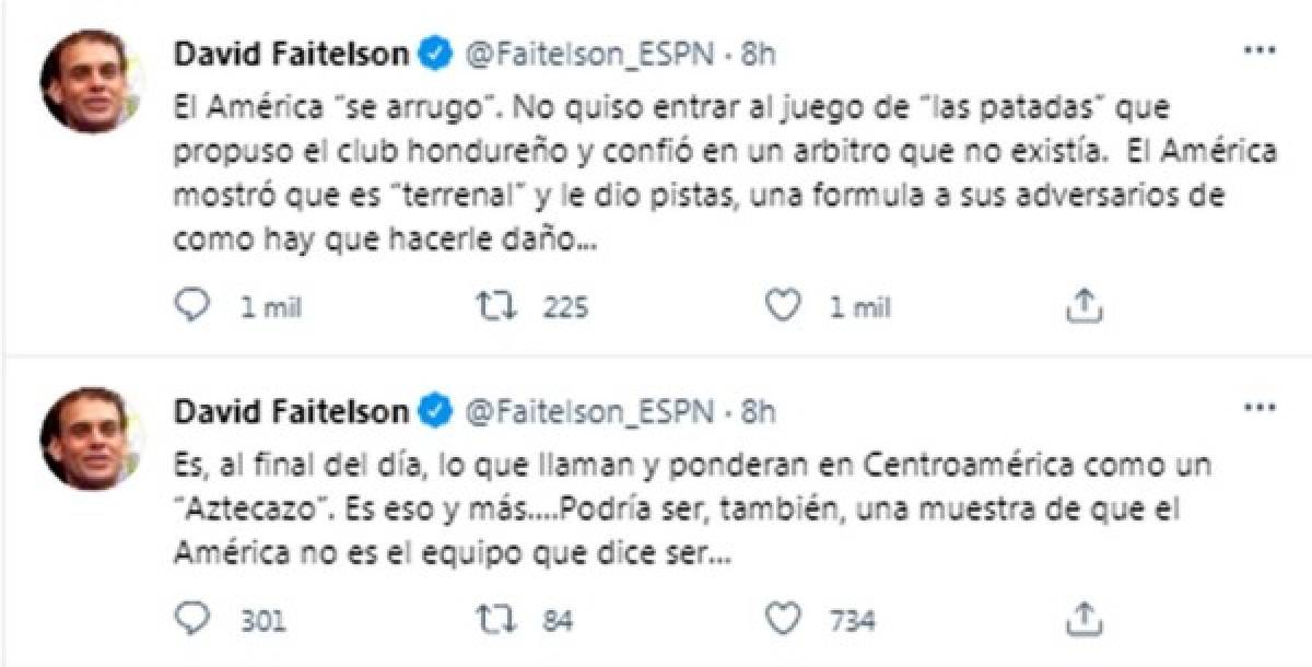 David Faitelson siguió criticando al América y también al arbitraje del tico Henry Bejarano. Además, destacó el 'Aztecazo' que consiguió el Olimpia por ganar en el mítico Coloso de Santa Úrsula.