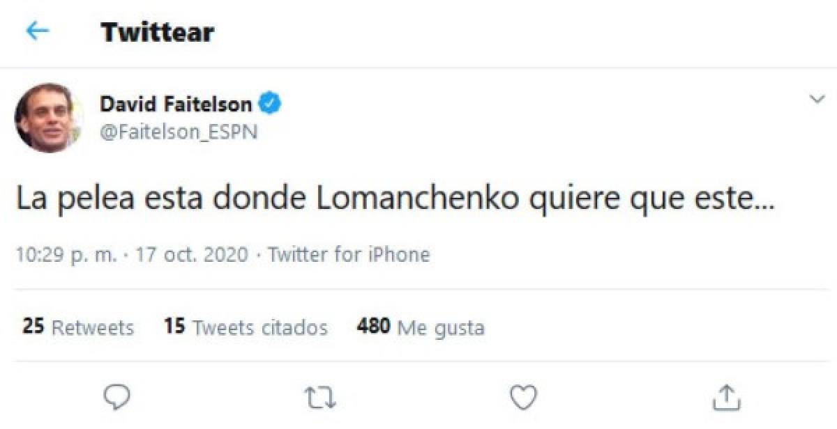 Mientras la pelea llegaba a su fin, David Faitelson señalaba que Lomachenko se estaría llevando el triunfo ante Teófimo López.