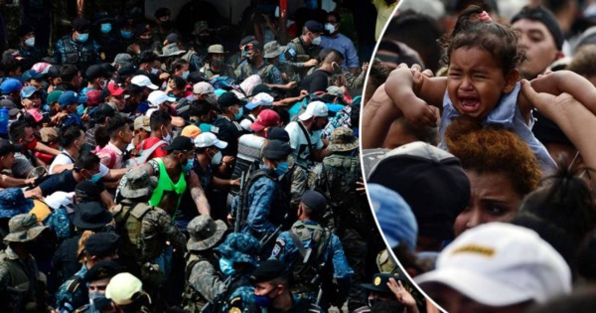 La caravana de migrantes hondureños que salió anoche de San Pedro Sula ya se encuentra en Guatemala, país al que entró luego de que los viajeros rompieran el cerco polical humano montado por las autoridades guatemaltecas. Fotos: AFP