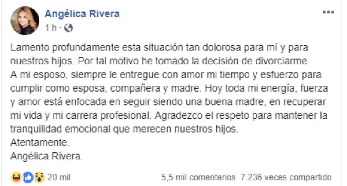 Este viernes Angélica Rivera rompió el silencio y colgó en sus redes sociales un mensaje aclarando la situación que vive.<br/><br/>'Lamento profundamente esta situación tan dolorosa para mí y para nuestros hijos. Por tal motivo he tomado la decisión de divorciarme.<br/>A mi esposo, siempre le entregue con amor mi tiempo y esfuerzo para cumplir como esposa, compañera y madre. Hoy toda mi energía, fuerza y amor está enfocada en seguir siendo una buena madre, en recuperar mi vida y mi carrera profesional. Agradezco el respeto para mantener la tranquilidad emocional que merecen nuestros hijos'.