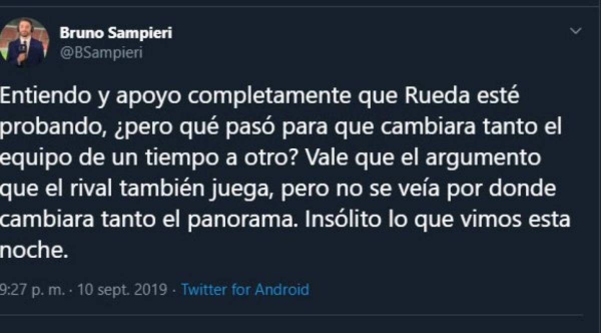 Bruno Sampieri, periodista de Chile, señaló en sus redes sociales que fue insólito el juego que presentó la selección chilena ante Honduras.